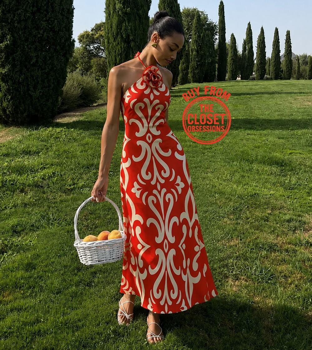 MANGO Red White Rosette Halter Maxi Dress Open Back Resort Vacation NWT